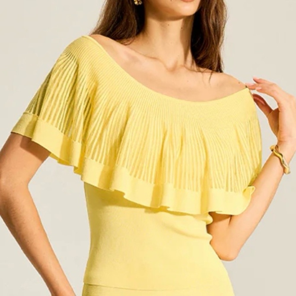 Commense Off Shoulder Knit Top with Trimmed Ruffles Butter Yellow Size XL